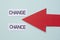 the red arrow indicates the words chance and change on a blue background. Success, strategy, solution, business and