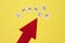 The red arrow indicates the words chance and change on a yellow background. Success, strategy, solution, business and Positive