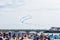 Red Arrows - Royal Air Force air plaines under Bournemouth beach during Bournemouth Air Festival 2018. BOURNEMOUTH, UK - AUGUST 31