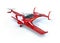 Red autonomous flying drone taxi on the ground