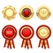 Red award rosettes and gold heraldic medals