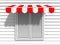 Red awning sunshade over closed window. Design mockup template