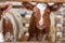 Red baby cow calf stands at stall at farm