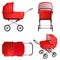 Red baby stroller, vector illustration on white background.