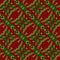 Red backdrop and yellow green american native Maya Aztec Inca pattern. Stonework mosaic seamless texture