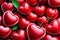 Red background of cherries berries in the shape of hearts for a wedding invitation or Valentine\\\'s day love illustration