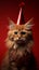 Red background, festive feline with birthday hat