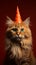 Red background, festive feline with birthday hat