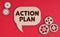 On a red background, gears and a thought plate with the inscription - Action Plan