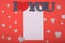 Red background many hearts place for text white paper. Valentines day, mothers day, holiday