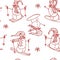 Red background seamless pattern of snowmen go skiing and snowboarding contour illustration