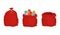 Red bag Santa Claus set. Large sack holiday for gifts. Big bagful for new year and Christmas