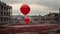 Red balloon floating among ruins of city, desolated and torn apart by war.