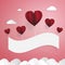 Red balloons with white paper banner. Cloud and birds elements. Love and Valentines day concept. Paper art and paper cut theme