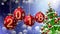 Red balls with numbers 2018 hanging on the background of a blue bokeh and a rotating Christmas tree