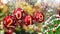 Red balls with numbers 2019 hanging on the background of a gold bokeh and a rotating Christmas tree 3d rendering.