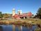 Red barn on a farm with pond