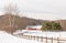 Red barn and farm scenic in winter snow