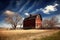 a red barn in a field with trees and a fence in the foreground and a blue sky with clouds in the background with a few wispy