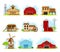 Red Barn, Granary for Crop Storage and Greenhouse Vector Set