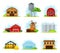 Red Barn, Granary for Crop Storage and Greenhouse Vector Set