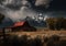 Red Barn in the Grand Background of the Cine Mountains