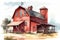 Red barn hand drawn watercolor illustration, vintage style farm, ranch, countryside shed, red wooden barn on white background, cou