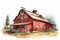 Red barn hand drawn watercolor illustration, vintage style farm, ranch, countryside shed, red wooden barn on white background, cou