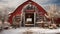 Red Barn, House or Shop Decorated for Christmas in a Beautiful Winter Snowy Scene. Generative AI