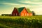 a red barn sitting in the middle of a field with green corn