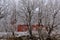 Red barn surrounded by tree covered hoar frost