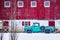 Red Barn with Teal Blue Vintage Truck