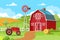 Red barn with a tractor and a round bale of hay. A small family farm surrounded by green fields and trees. Concepts of agriculture