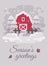 Red barn with trees in winter country landscape. Christmas card