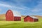 Red barns in wheat fields in the Palouse hills