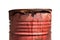 Red barrel oil gallon rusty, metal barrel oil old dirty isolated on white background, red waste bin made from barrel oil tank