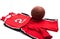 Red basketball uniform on white background with leather ball