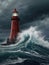 Red beacon amidst chaos lighthouse standing tall in stormy seas. Generated AI