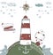 Red beacon vector ribbon anchor kompas snowflake snow cloud landscape waves crab lighthouse pharos, screed