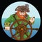 Red beard captain with wheel on sea background