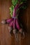 Red Beetroot with herbage green leaves on rustic background. Organic Beetroot.