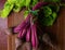 Red Beetroot with herbage green leaves on rustic background. Organic Beetroot. Detox. Selective focus