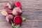 Red beets or beetroots on the wooden table