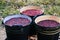 Red berries in a bucket. Traditional seasonal drink of red color. Making cranberry juice