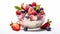 Red berry fruits panna cotta with many fruits close-up view