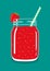 Red berry smoothie in mason jar with strawberry and swirled straw. Vector hand drawn illustration.