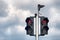 Red bicycle and pedestrian traffic lights. Red traffic light for bikes, city background.