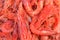 Red big king shrimps prawns in fish market selling in turkey antalya