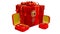 Red bijouterie surprise gift box with chaplet ring and shackles with diamonds - on white, isolated, fictive design - object 3D