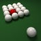 Red billiard ball among cue balls